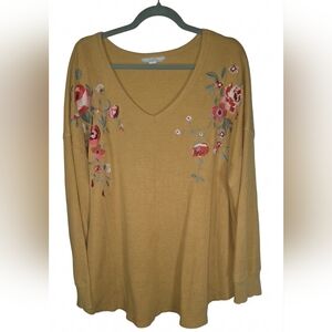 Woman Within Mustard V-Neck‎ Waffle Knit with Floral Embroidery Boho